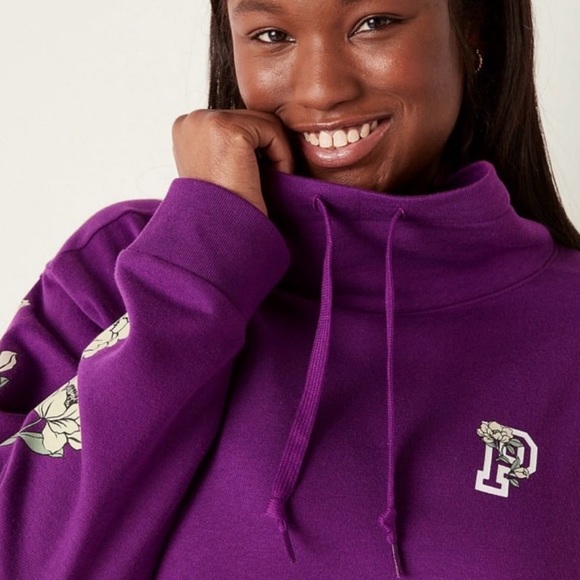 NWT VS PINK Purple & White Floral Cowl Neck Everyday Lounge Pullover Sweatshirt - Picture 12 of 14